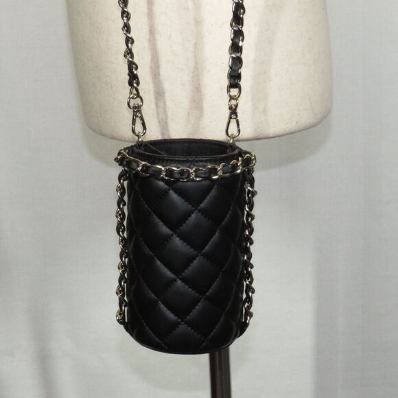 White House Black Market Black Quilted Chain Strap Water Bottle Holder Bag - Picture 4 of 10